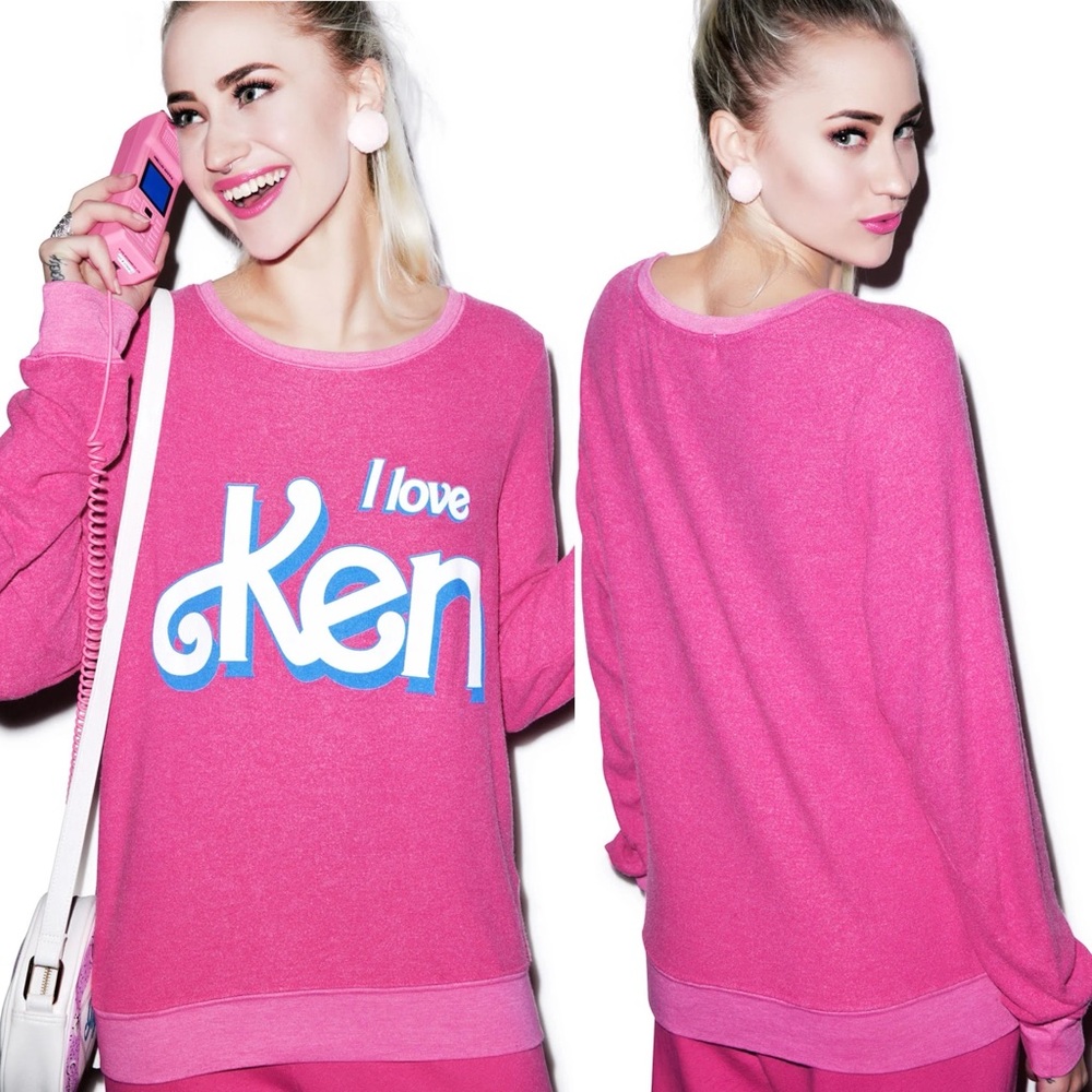 WILDFOX COUTURE I Love Ken Barbie Baggy Beach Jumper Sweatshirt Pink Corvette XS